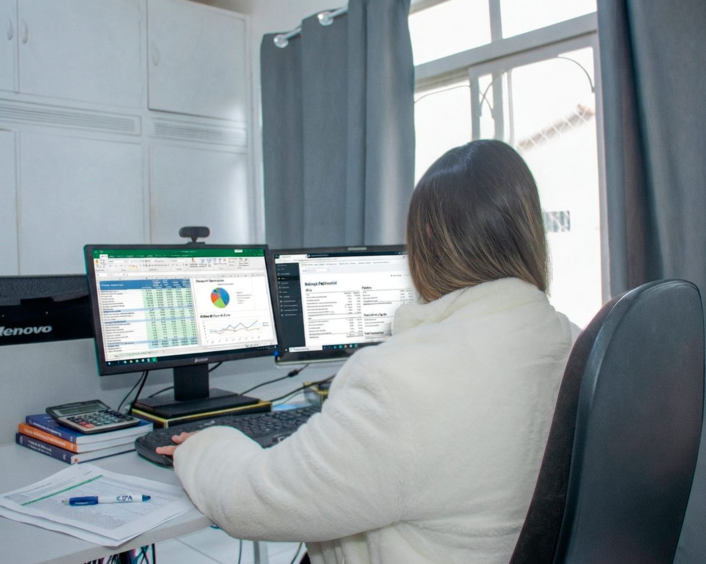 Analista da ContDeal conferindo planilhas e relatórios financeiros de um cliente de BPO